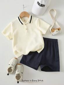 Cozy Pixies Young Boy Casual Polo Collar Short Sleeve Half-Zip Pullover Top, Versatile & Comfortable Kids Shorts Set Boys Short Set Short Sleeve Casual Top Kids Boy Outfit Boy Summer Sets - Apricot - View 8
