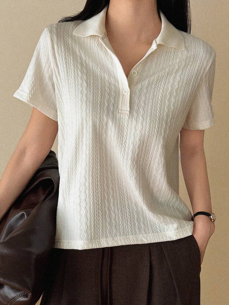 Women's Summer Polo Collar Textured Fabric Short Sleeve Casual T-Shirt