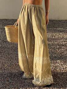 DAZY 女士弹力腰印花宽松直筒休闲优雅长裤，波西米亚风格 - 卡其色 - 查看 6