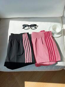 SHEIN EZwear 2条装女士弹力腰带条纹宽松休闲运动短裤，适合日常街头穿搭，夏季百搭 - 彩色 - 查看 1