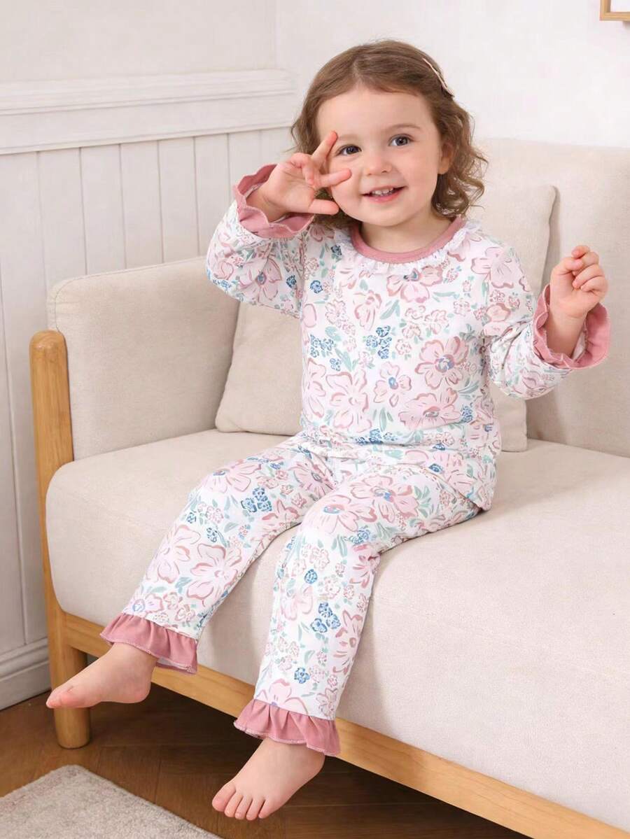 女婴花卉印花荷叶边领口、袖口和下摆长袖睡衣套装，乡村风格 - 粉色 - 查看 1