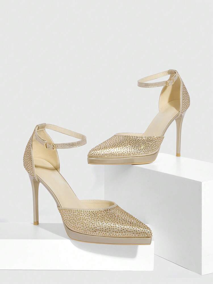 CUCCOO SZL Women Shoes Women's Pointed Thin High Heel Height Water Platform Golden Rhinestone Women's High Heel Shoes Ankle Strap Hollow Shoes Wedding Party Banquet Nightclub Stylish Gorgeous Simple High Heel Women's Shoes Spring Shoes