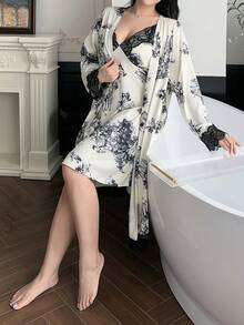 Dazy Plus Conjunto de lencería informal de talla grande para mujer con vestido camisola de encaje y estampado floral, y bata larga de frente abierto - Albaricoque - Ver 6