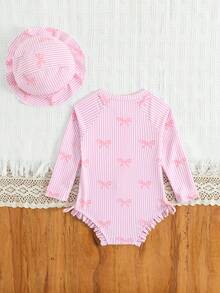 Bañador de una pieza con cremallera delantera, estampado aleatorio de estrellas de mar, manga larga y gorro de natación con volantes para niña - Rosa - Ver 2
