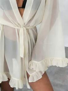 Swim Vcay Women's Solid Color Ruffle Tie Front Cover Up - Apricot - View 4