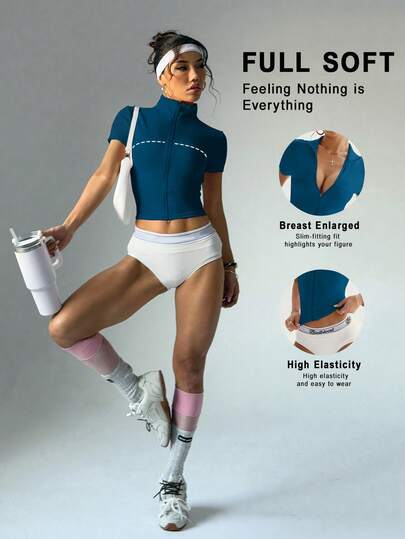 Dewbera Áo khoác yoga dáng ôm, cổ áo khóa kéo, tay ngắn, kiểu dáng gợi cảm, trang phục thể thao thường ngày dành cho nữ.