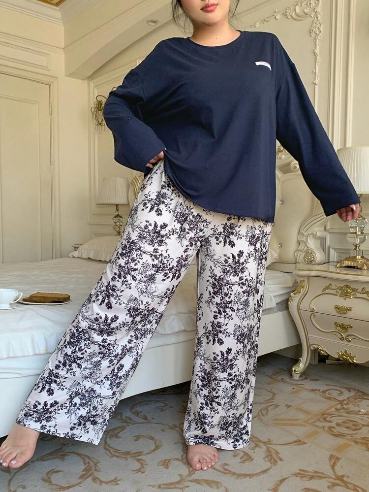Dazy Plus 2pcs Plus Size Women Loose Casual Long Sleeve Top And Long Pants Pajama Set
