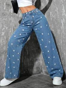 SHEIN PETITE Quần jean nữ thường ngày thêu hoa - Rửa nhẹ - Xem 7