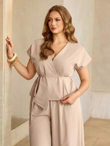 Roveilla Bộ 2 món dành cho nữ cỡ lớn, áo tay ngắn cổ chữ V thắt eo và quần ống rộng. - Màu Khaki - Xem 4