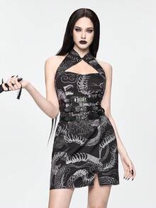 ROMWE Avant Dark Gothic Chinese Style Halter Neck Dress - Blue - View 4