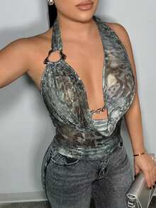 SHEIN SXY 女士性感豹纹金属扣露背吊带上衣，夏季 - 彩色 - 查看 1