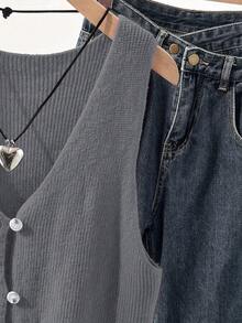 SHEIN Franclia Vintage V-Neck Knit Top,Dark Grey Button Design Textured Ribbed Knit Fabric,Summer Casual School Back-To-School Commute Layering Minimalist Soft Top - Grey - View 5