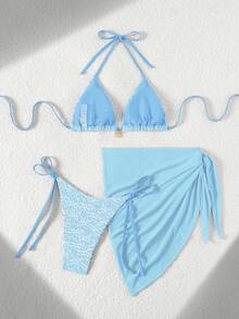Swim Mod Bộ 3 món đồ bơi mùa hè đi biển, chất liệu vải họa tiết hoa, trang trí hoa vàng, gồm áo yếm buộc dây bên hông và quần bơi buộc dây bên hông, cùng chân váy lưới màu trơn. - Màu xanh nhạt - Xem 2