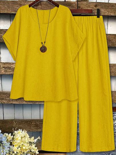 EMERY ROSE Women Plus Size Solid Color Round Neck Mid-Sleeve Top And Wide Leg Pants Casual 2 Pieces Set Comfy Sets Summer Women Two Piece Set Women Short Sleeve Yellow Sets For Women Yellow 2 Piece Set 2 Piece Linen Sets Woman