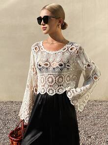 DAZY 女士钩针镂空波西米亚风罩衫，夏季度假必备 - 米色 - 查看 5