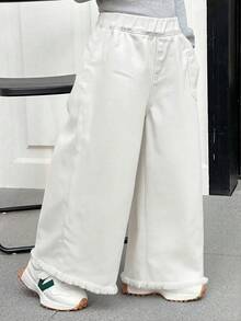 DAZY Young Girl Elastic Waist Pocket Design Casual Loose Wide Leg Jeans - White - View 6