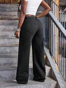 Slaydiva Spring/Summer Women's Heart Pattern Pocket Wide Leg Loose Casual Jeans - Black - View 2