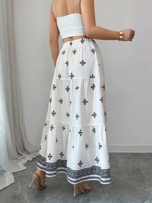 Rafferiza 女士度假旅行沙滩印花层叠波西米亚风半身裙，夏季 - 黑與白 - 查看 2