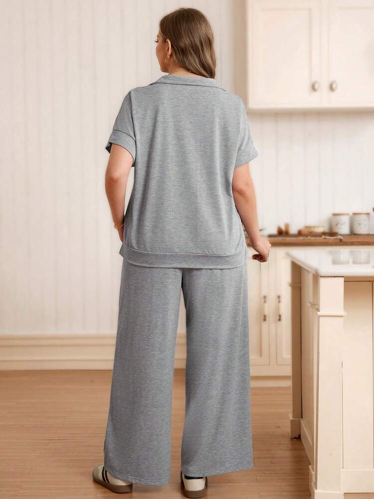 Plus Size Women's Casual Everyday Commute Simple Solid Color Half Zip Batwing Short Sleeve T-Shirt And Wide Leg Pants Set, Spring/Summer/Autumn Plus Size Women Clothing Sets Plus Size Pants Set Plus Size Matching Set Plus Size Lounge Sets Women Plus Clothing Sets Plus Size Women Clothes Plus Size Co Ords, Summer Outfits