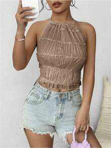 SHEIN 女士夏季简约纯色褶皱露背系带吊带衫 - 咖啡棕 - 查看 6
