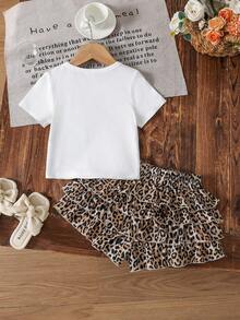 Emery Rose Kids Young Girl Summer Casual Leopard Print Bow T-Shirt And Ruffle Shorts Set - Khaki - View 10