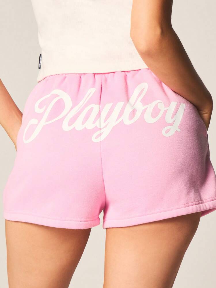 Missguided x Playboy Pantaloni della tuta oversize, stile jogger, casual estivo, comodi, vita con coulisse, vita alta, vestibilità ampia, lunghezza a metà coscia - Rosa - Visualizzare 5