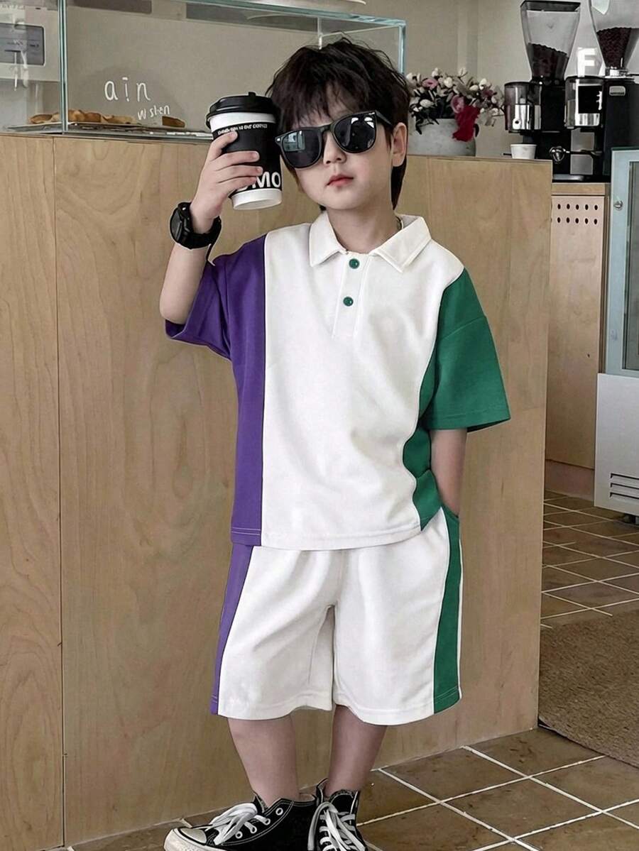 SHEIN 2-Pack Young Boys' Casual Sports Retro Loose-Fitting POLO Shirt And Shorts Set,Multi-Color Stitching Japanese & Korean Style Summer Kids Outfits