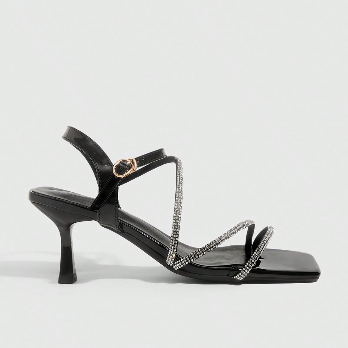Sandalias de tacón medio con tiras dobles y decoración de cristal, de material satinado rojo brillante, cómodas para el trabajo, citas, fiestas y v