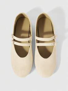 Sleekvia Women Shoes Spring Summer French Gentle Double Buckle Mary Jane Round Toe Flat Bottom Suede Apricot Women's Shoes Dating Afternoon Tea Wear - Apricot - View 2