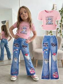 SHEIN 2pcs/Set Young Girls Light Pink Summer Cartoon Rabbit Print Short Sleeve Tee Top With Drawstring Sides And Graphic Flare Pants,Kids Fashionable Set - Pink - View 13
