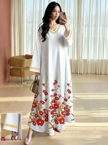 SHEIN Najma 女士印花V领喇叭长袖连衣裙，优雅阿拉伯风格长款连衣裙，复古高贵，春秋季 - 彩色 - 查看 1