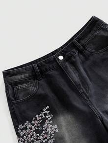 ROMWE MEN Street Life Men's Floral Embroidery Pattern Denim Shorts - Black - View 4