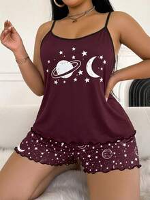 DUSKBASE Plus Size Women Starry Sky Print Camisole & Shorts PJS, Casual Sleep Two Piece Night Set Plus Size Pajama Short Set Two Piece Sleepwear - Multicolor - View 3
