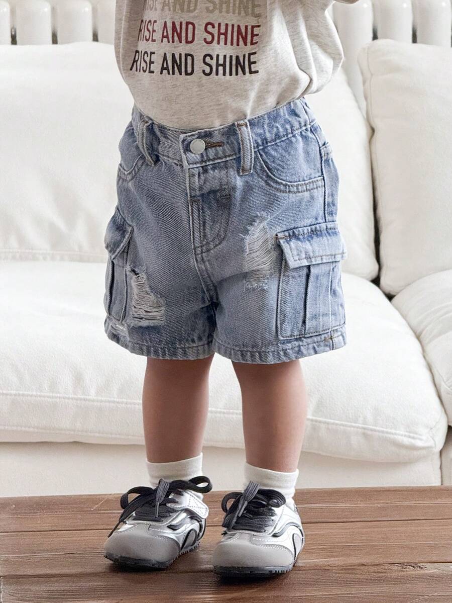 Quần short kaki dáng rộng rách rưới cho bé trai, màu xanh dương - Rửa nhẹ - Xem 1