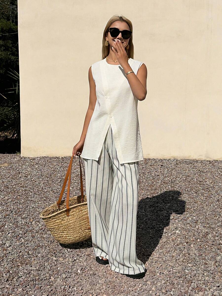 DAZY 女士圆领无袖露背吊带背心和条纹宽松长裤两件套度假套装 - 米色 - 查看 1