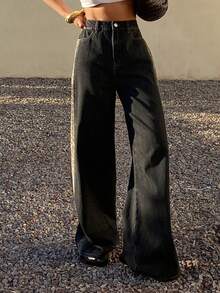 DAZY 女士豹纹拼接宽松休闲牛仔裤 - 深灰色 - 查看 5