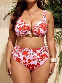 SHEIN Swim 2026新款加大码女式可调节印花比基尼套装，抹胸上衣和高腰褶皱泳裤两件式泳装 - 彩色 - 查看 6
