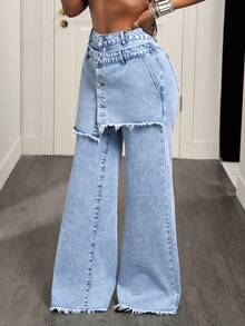 Slaydiva Fashionable Casual Women Patchwork Frayed Hem 2 In 1 Denim Jeans - Blue - View 3