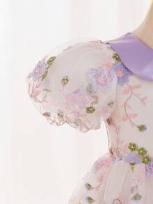 SHEIN Glamorique Kids 女童碎花腰部泡泡袖薄纱优雅派对连衣裙，适合所有季节 - 淡紫色 - 查看 7