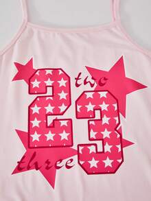 SHEIN Tween Girl 2-Piece Set, Hot Pink High-Stretch Knit Jumpsuit&Numeric Print Jacket, Summer Cow Boy Vacation Casual Sports Wear, Spring/Summer Outfit - Hot Pink - View 8
