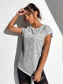 Seamluxe SHEIN Sport 女士印花简约休闲短袖运动T恤 - 灰色 - 查看 4
