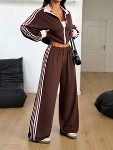 SHEIN PETITE Women's Contrast Stripe Jacket And Pants 2 Pieces Set Brown 2 Pieces Set Tracksuit Women Set 2 Pieces Lounge Sets Woman,Cozy Fall And Winter Clothes For Women - Brown - View 6
