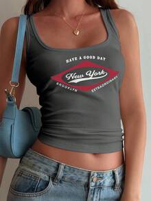 Livesso Áo tank top ôm dáng in chữ dành cho nữ, áo croptop mùa hè cho nữ. - Màu xám đen - Xem 5
