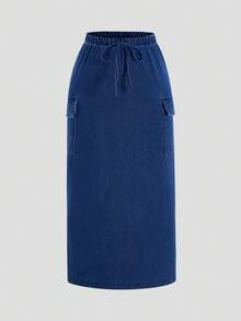 SHEIN MOD Women's Drawstring Waist Cargo Pocket Maxi Casual Denim Skirt - Dark Wash - View 1