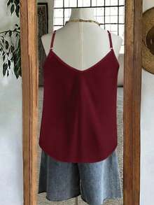 SHEIN CURVE+ Plus Size Solid Color Lace Patchwork Camisole, Going Out Tops - Burgundy - View 5