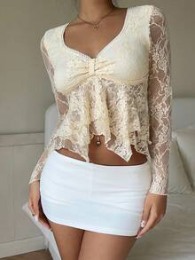 SHEIN EZwear 优雅杏色蕾丝不对称下摆修身女式上衣 - 杏色 - 查看 8