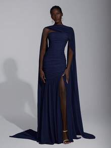 Elitara 藏蓝色优雅雪纺露背连衣裙（亮片可拆卸），胸部褶皱设计，网纱鱼尾裙摆，适合约会、度假、婚礼、伴娘活动等场合。 - 藏蓝色 - 查看 4