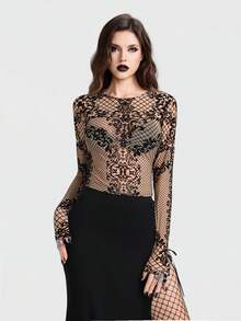 Breakform Áo nữ phong cách Gothic tối màu, phối lưới mềm mại, cổ tròn, tay dài, ôm sát, gợi cảm, thích hợp cho đi chơi hàng ngày và các lễ hội. - Màu be - Xem 5