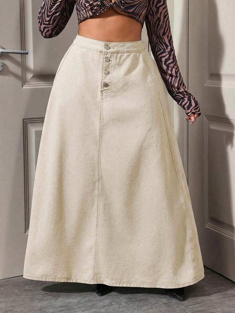 Slaydiva Plus Size Women Button Fly Casual Commuting Extra Long Denim Skirt - Khaki - View 1