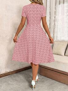 SHEIN Clasi V-Neck Button Red Polka Dot Waist Cinched Women Dress,Spring Clothes,Valentine Day Dress - Coral Pink - View 2